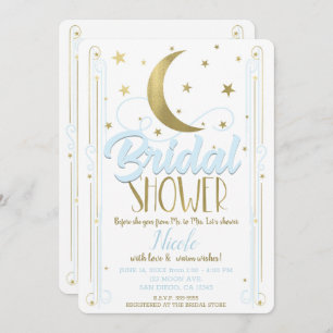 Whimsical Light Blue Gold Moon Stars Bridal Shower Invitation