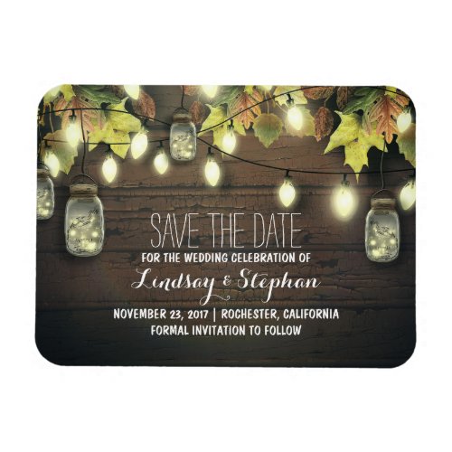 whimsical light fireflies mason jars save the date magnet - Beautiful rustic and romantic save the date magnet with string lights and fireflies mason jars with colorful leaves