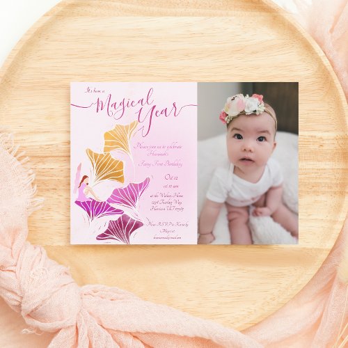 Whimsical Light Pink Fairy First Photo Birthday Invitation