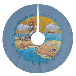 Whimsical Lighthouse Beach Scene Coastal Folk Art  Brushed Polyester Tree Skirt