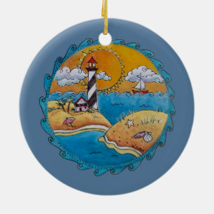 Whimsical Lighthouse Beach Scene Coastal Folk Art  Ceramic Ornament
