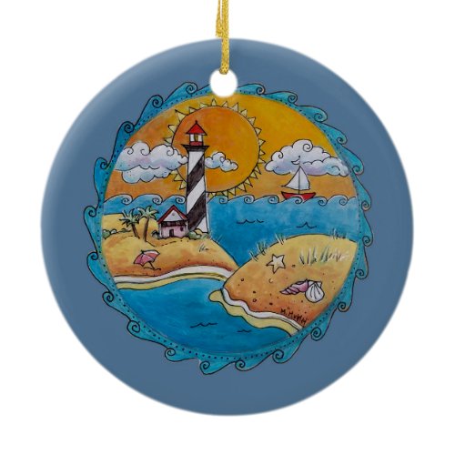 Whimsical Lighthouse Beach Scene Coastal Folk Art  Ceramic Ornament