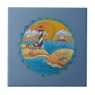 Whimsical Lighthouse Beach Scene Coastal Folk Art Ceramic Tile