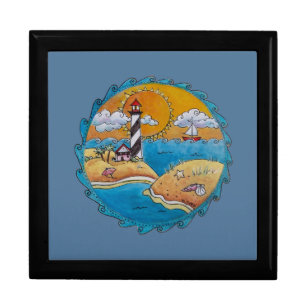 Whimsical Lighthouse Beach Scene Coastal Folk Art Gift Box