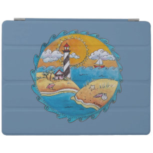 Whimsical Lighthouse Beach Scene Coastal Folk Art iPad Smart Cover