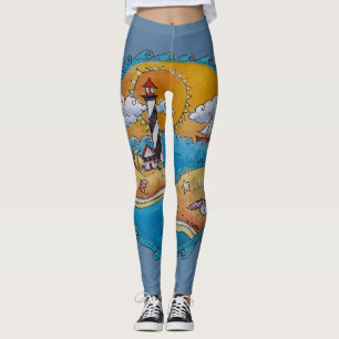 Whimsical Lighthouse Beach Scene Coastal Folk Art Leggings