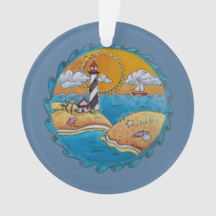 Whimsical Lighthouse Beach Scene Coastal Folk Art  Ornament