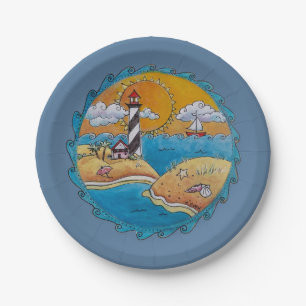 Whimsical Lighthouse Beach Scene Coastal Folk Art Paper Plates