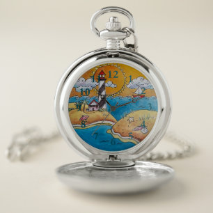 Whimsical Lighthouse Beach Scene Coastal Folk Art Pocket Watch