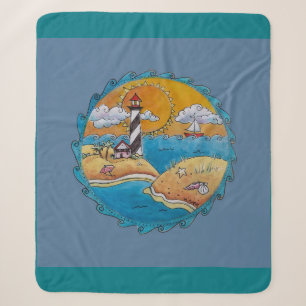 Whimsical Lighthouse Beach Scene Coastal Folk Art Sherpa Blanket