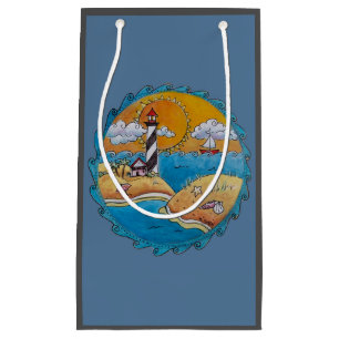 Whimsical Lighthouse Beach Scene Coastal Folk Art Small Gift Bag