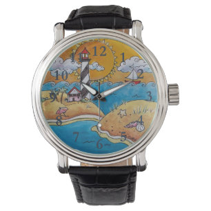 Whimsical Lighthouse Beach Scene Coastal Folk Art Watch