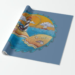 Whimsical Lighthouse Beach Scene Coastal Folk Art  Wrapping Paper