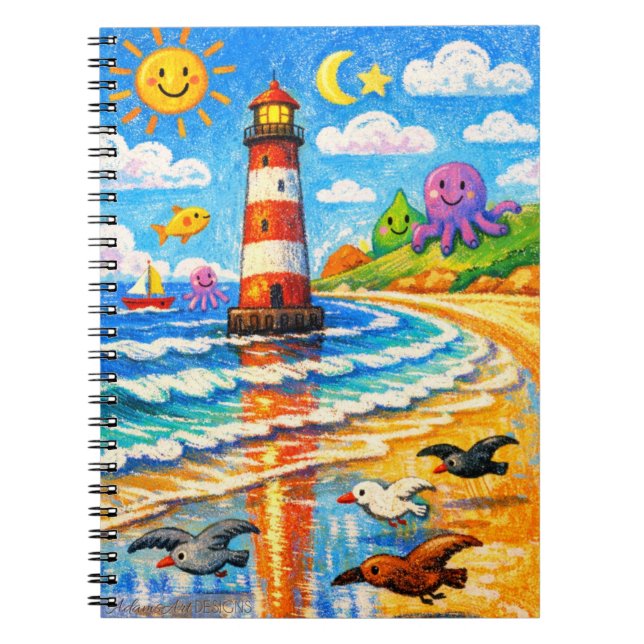 Whimsical Lighthouse Beach Scene with Smiling Sun Notebook (Front)
