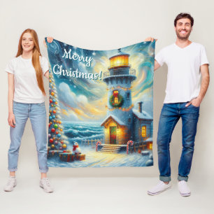 Whimsical Lighthouse & Tree Coastal Holiday Blues Fleece Blanket