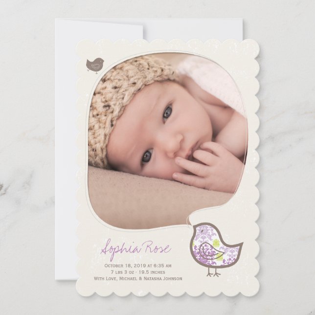 Whimsical Lilac Damask Chick Baby Girl Photo Birth Announcement (Front)