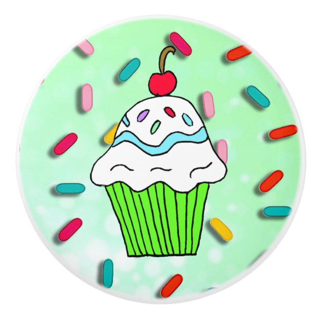 Whimsical Lime Green Cupcake with Cherry on Top Ceramic Knob (Front)