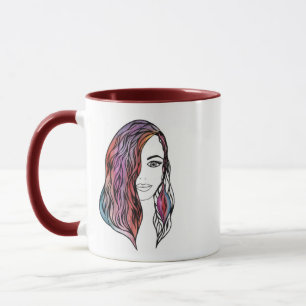 Whimsical Line Art Girl Colorful Watercolor Hair M Mug