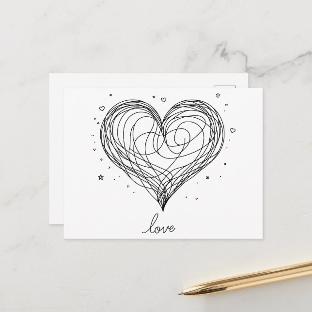 Whimsical Line Art Heart with "Love"  Postcard (Front/Back In Situ)