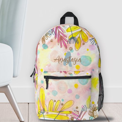 Whimsical Line Art  Watercolor Splashes and Name Printed Backpack