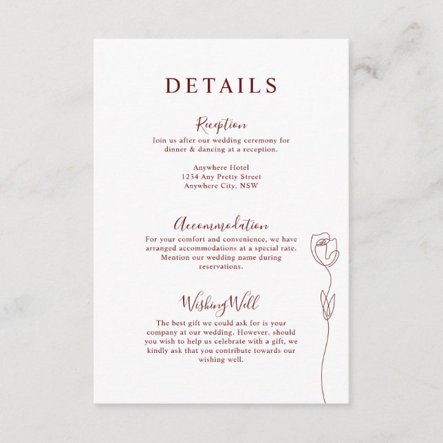 Whimsical Line Rose Details Enclosure Card (Front)