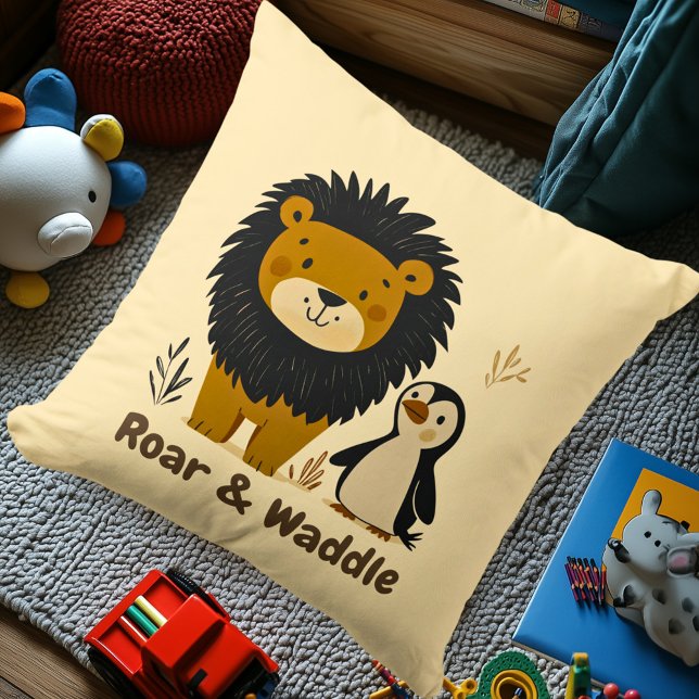 Whimsical Lion and Penguin Nursery Illustration  ✔ Throw Pillow (Creator Uploaded)