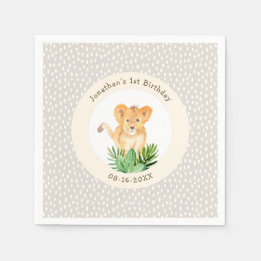 Whimsical Lion Cub Forest Woodland Dotted Birthday Napkins