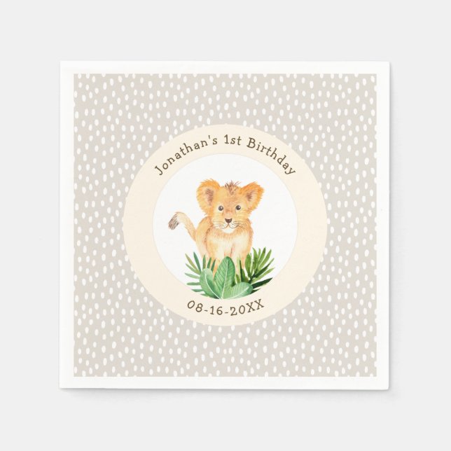 Whimsical Lion Cub Forest Woodland Dotted Birthday Napkins (Front)