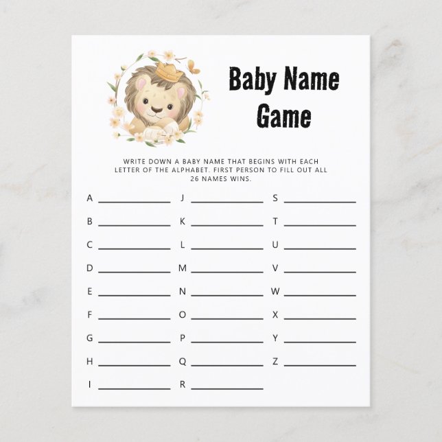 Whimsical Lion King Baby Name Shower Game (Front)