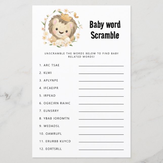 Whimsical Lion King Baby Shower Word Scramble Game (Front)