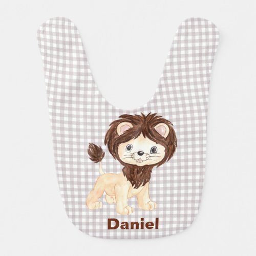 Whimsical Lion Watercolor On Gingham Check Baby Bib