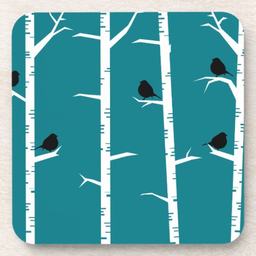 Whimsical Little Black Birds and White Birch Trees Coaster