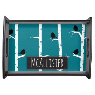 Whimsical Little Black Birds and White Birch Trees Serving Tray