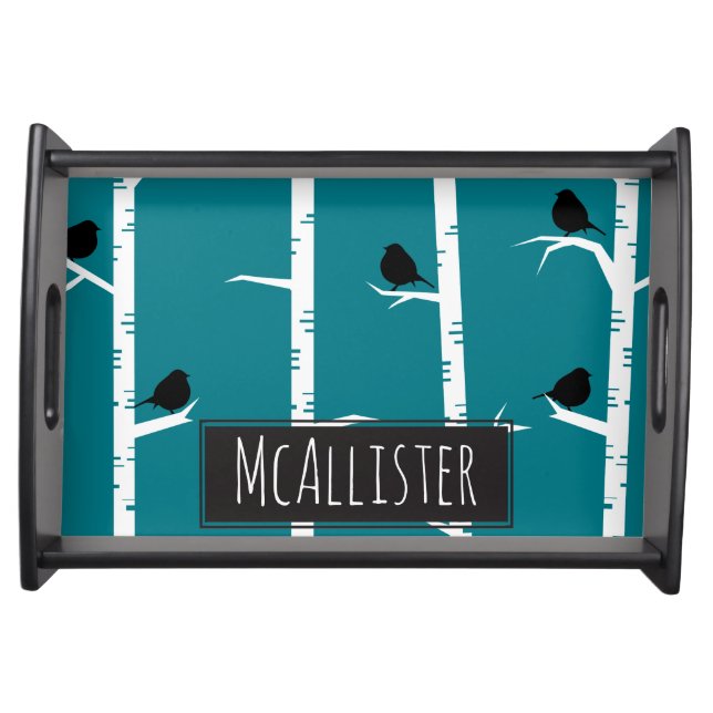 Whimsical Little Black Birds and White Birch Trees Serving Tray (Front)