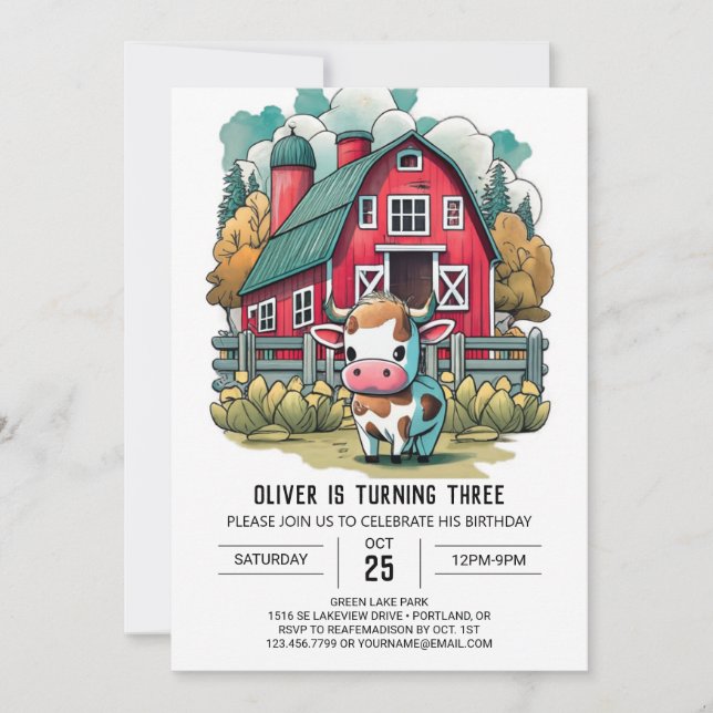 Whimsical Little Cow Joy Birthday Invitation (Front)