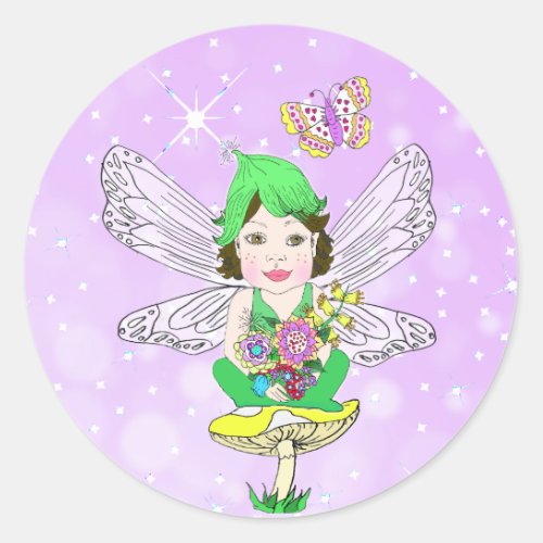 Whimsical Little Elf Fairy Mushroom and Butterfly Classic Round Sticker