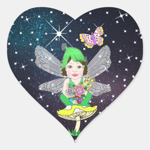 Whimsical Little Elf Fairy Mushroom and Butterfly Heart Sticker