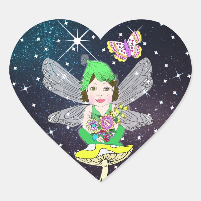 Whimsical Little Elf Fairy, Mushroom and Butterfly Heart Sticker (Front)