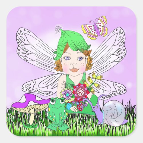 Whimsical Little Elf Fairy Mushroom and Butterfly Square Sticker