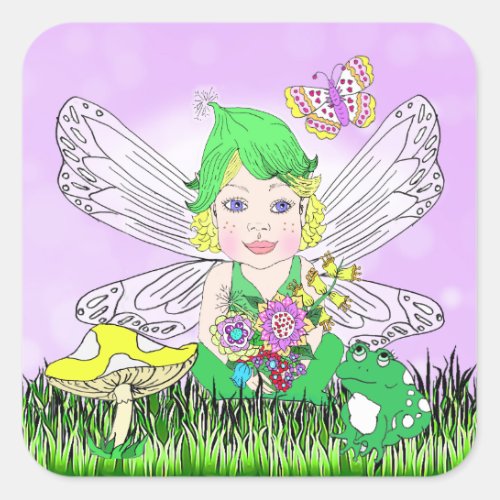 Whimsical Little Elf Fairy Mushroom and Butterfly Square Sticker