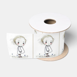 Whimsical Little Girl Doodle In Wildflowers Satin Ribbon