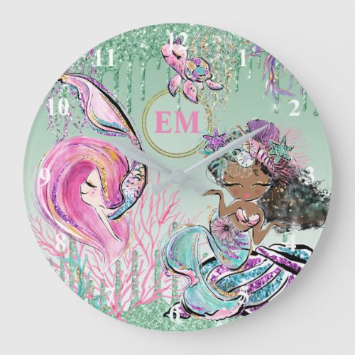 Whimsical Little Mermaids Under the Sea Monogram Large Clock