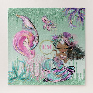 Whimsical Little Mermaids Under the Sea Monogram P Jigsaw Puzzle