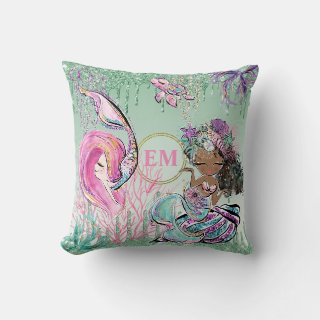 Whimsical Little Mermaids Under the Sea Monogram Throw Pillow (Front)