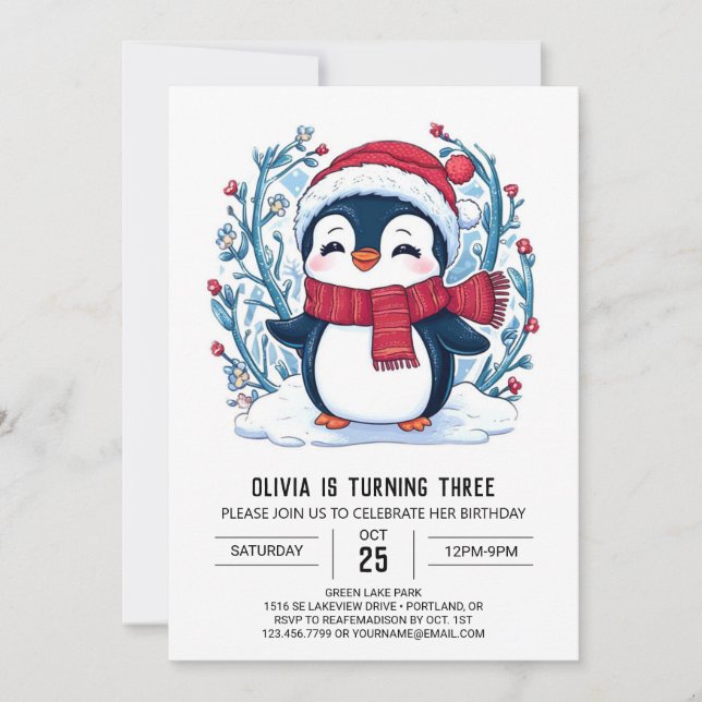 Whimsical Little Penguin Digital Birthday Invitation (Front)