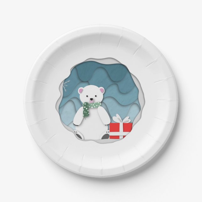 Whimsical Little Polar Bear with Red Present Paper Plates (Front)