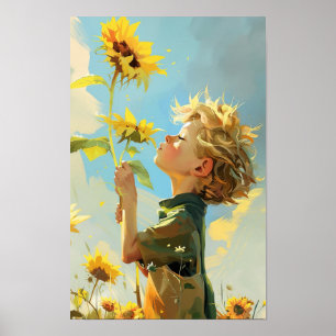 Whimsical Little Prince Smelling Sunflowers Cartoo Poster