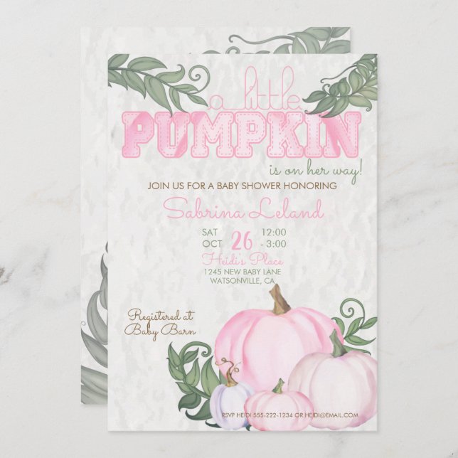 Whimsical Little Pumpkin Pink Girl Baby Shower Invitation (Front/Back)