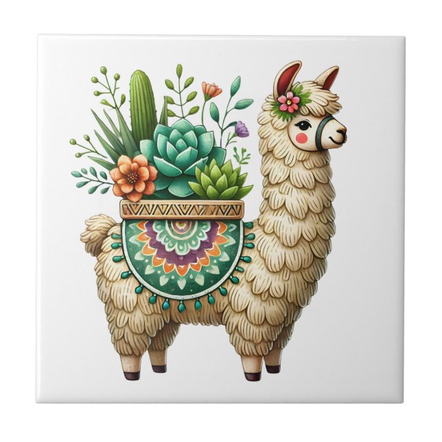 Whimsical Llama and Plants Ceramic Tile (Front)