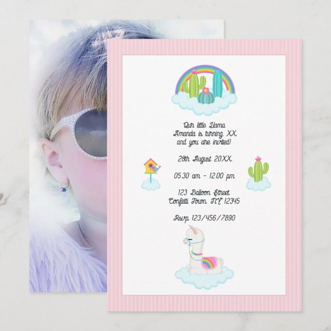 Whimsical Llama and Rainbow Kids Birthday Party Invitation (Front/Back)